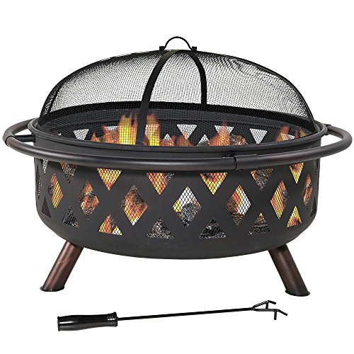 Sunnydaze Crossweave Outdoor Fire Pit - 36 Inch Large Bonfire Wood Burning Patio & Backyard Firepit for Outside with Spark Screen, Poker, and Round Fireplace Cover, Black