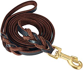 FOCUSPET Leather Dog Leash 6 ft Leather Dog Training Leash Pet Braided Dog Leash for Large Medium Leads Rope Dogs Walking&Training (1/2 Inch,Brown)