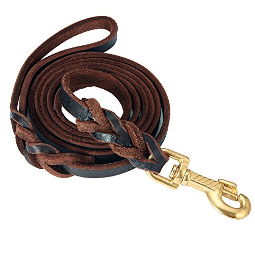 FOCUSPET Leather Dog Leash 6 ft Leather Dog Training Leash Pet Braided Dog Leash for Large Medium Leads Rope Dogs Walking&Training (1/2 Inch,Brown)