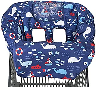 2-in-1 Shopping Cart and High Chair Cover for Baby~Padded~Fold'n Roll Style~Portable with Free Carry Bag (Blue Whale)