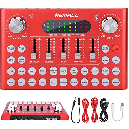 REMALL Live Sound Card for Podcasting, Voice Changer Sound Mixer with Effects, Bluetooth Audio Mixer for Live Streaming Music Recording Singing for Phone, iPhone, Type C, Computer PC, Laptop (Red)