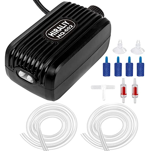 HIRALIY Aquarium Air Pump, Fish Tank Air Pump with Dual Outlet Adjustable Air Valve, Ultra Silent Oxygen Fish Tank Bubbler with Air Stones Silicone Tube Check Valves Up to 80 Gallon Tank