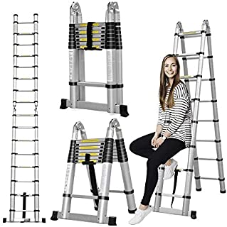 Aluminum Telescoping Telescopic Ladder 5M/16.5Ft A Type A Frame Portable Extension Folding Multi-Purpose Heavy Duty Compact Ladder with Hinges, 330lb Load Capacity Non Slip for Home Loft Office