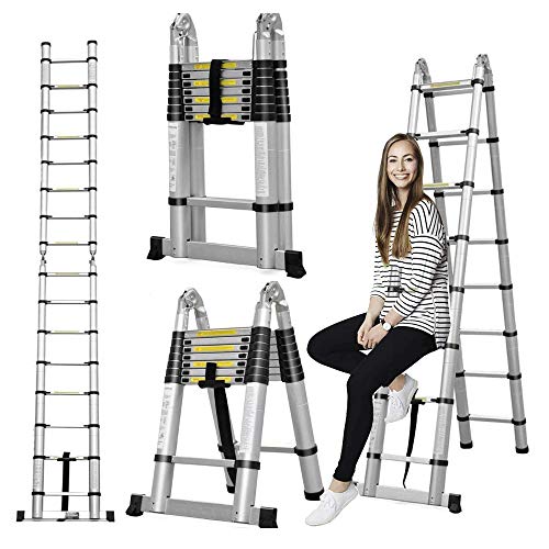 Aluminum Telescoping Telescopic Ladder 5M/16.5Ft A Type A Frame Portable Extension Folding Multi-Purpose Heavy Duty Compact Ladder with Hinges, 330lb Load Capacity Non Slip for Home Loft Office