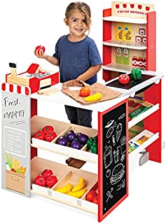 Best Choice Products Pretend Play Grocery Store Wooden Supermarket Toy Set for Kids w/ Play Food, Chalkboard, Cash Register, Working Conveyor