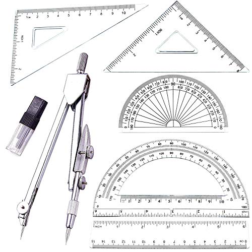 Geometry School Set,with Quality Compass, Set Squares, Protractor,Drawing Compass Math Geometry Tools (6 pcs Silver)