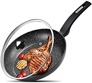 CSK 11'' Large Stone Earth Nonstick Frying Pan with Lid - Nonstick Induction Pan Chef Wok, Omelet Pan Skillet with Cool Handle, APEO&PFOA-Free, Granite Coating, for Gas, Induction, Ceramic Stove