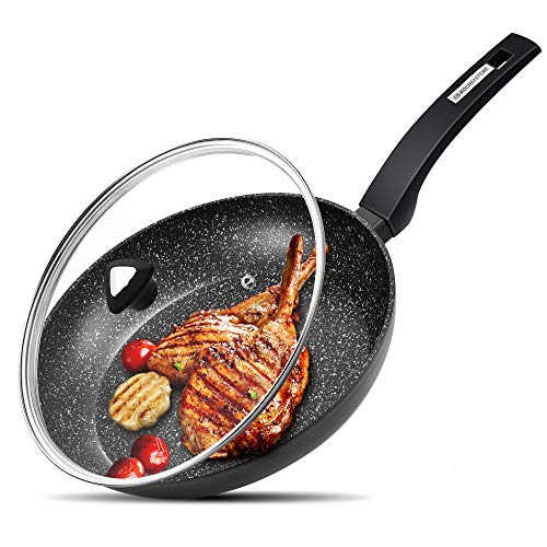 CSK 11'' Large Stone Earth Nonstick Frying Pan with Lid - Nonstick Induction Pan Chef Wok, Omelet Pan Skillet with Cool Handle, APEO&PFOA-Free, Granite Coating, for Gas, Induction, Ceramic Stove