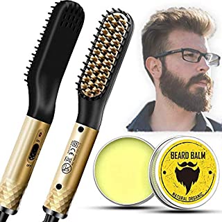 Beard Straightener, Hair Straightener Brush for Men, Electric Heated Beard Comb With FREE Beard Balm, Anti-Scald Portable Ionic Heating Control, Great Gifts for Men and Women