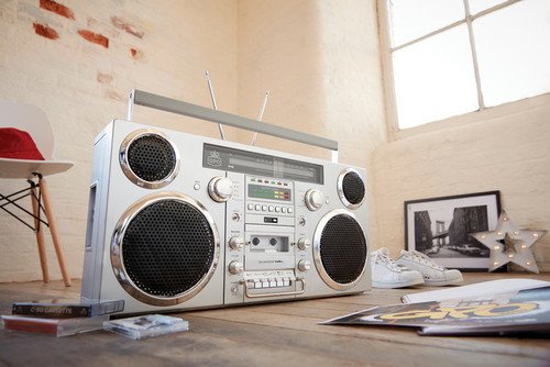 GPO Brooklyn 1980S-Style Portable Boombox - CD Player, Cassette Player, FM Radio, USB, Wireless Bluetooth Speaker - Silver