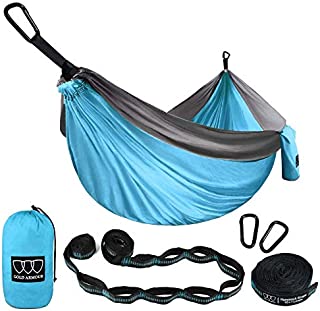 Gold Armour Camping Hammock - Extra Large Double Parachute Hammock (2 Tree Straps 32 Loops, 29 Colors/Patterns) USA Brand Lightweight Nylon Adults Kids, Camping Accessories Gear (Sky Blue and Gray)