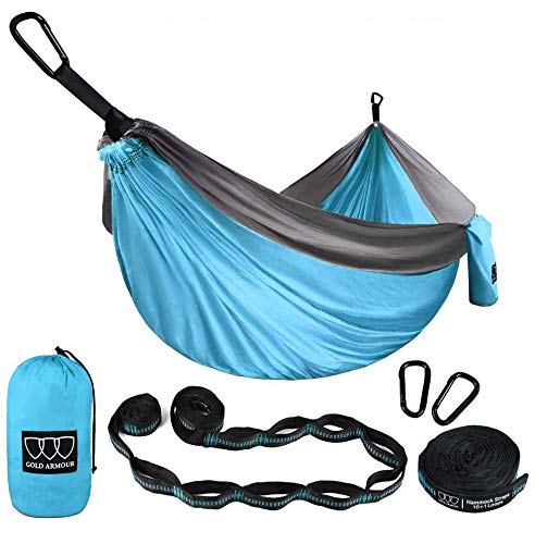 Gold Armour Camping Hammock - Extra Large Double Parachute Hammock (2 Tree Straps 32 Loops, 29 Colors/Patterns) USA Brand Lightweight Nylon Adults Kids, Camping Accessories Gear (Sky Blue and Gray)