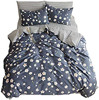 Duvet Cover Queen Cotton Floral Teen Girls Bedding Sets Full Size with 2 Pillow Shams Flower Striped Queen Duvet Cover Set for Kids Adults Women Student White Navy Blue, Queen/Full