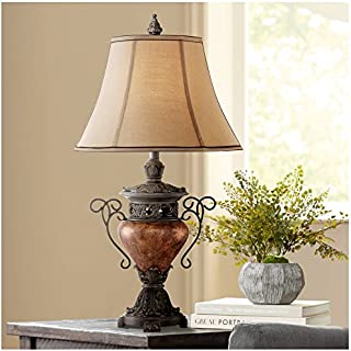 Traditional Style Table Lamp Bronze Brown Crackle Iron Metal Urn Faux Silk Bell Fabric Shade Decor for Living Room Bedroom House Bedside Nightstand Home Office Entryway Family - Regency Hill