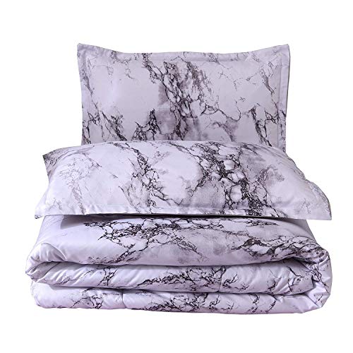 A Nice Night Closure-Printed Marble Ultra Soft Comforter Set Bed-in-a-Bag,Queen (White-Marble)