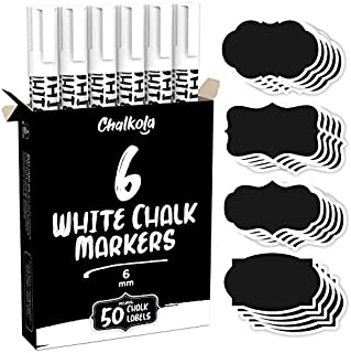 Liquid Chalk Marker Pen - White Dry Erase Chalk Markers for Chalkboard Signs, Windows, Blackboard, Glass - 6mm Reversible Tip (6 Pack) - 50 Chalkboard Labels Included