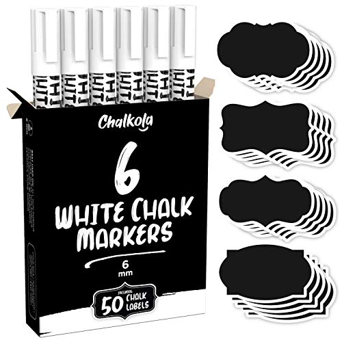 Liquid Chalk Marker Pen - White Dry Erase Chalk Markers for Chalkboard Signs, Windows, Blackboard, Glass - 6mm Reversible Tip (6 Pack) - 50 Chalkboard Labels Included