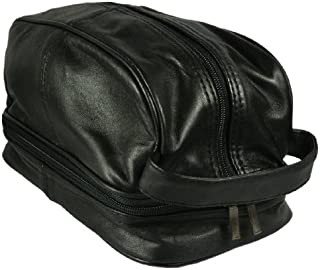 Texcyngoods Mens Calfskin Leather Shaving Toiletry Bag Black Dopp Kit