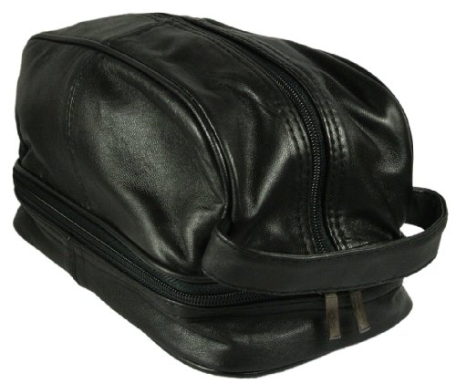 Texcyngoods Mens Calfskin Leather Shaving Toiletry Bag Black Dopp Kit