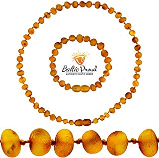 Raw Baltic Amber Necklace and Bracelet Gift Set (Unisex Honey Raw 12.5 Inches/5.5 Inches) - Certified Premium Quality Raw Baltic Sea Amber