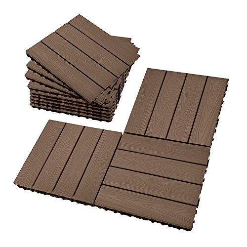 Deck Tiles, Interlocking Patio Flooring Tiles, Indoor Outdoor Deck and Patio Flooring Wood-Plastic Material Composite Tile, Coffee, 12 x 12 Inch