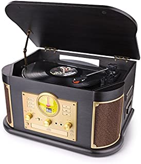 Bluetooth Record Player, dl Vintage Turntable 3-Speed Vinyl Record Player with 2x9W Speakers/CD/Cassette Tape/FM Radio/USB & Encording/SD Card/Aux in Record Player