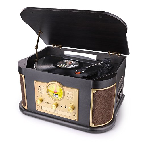 Bluetooth Record Player, dl Vintage Turntable 3-Speed Vinyl Record Player with 2x9W Speakers/CD/Cassette Tape/FM Radio/USB & Encording/SD Card/Aux in Record Player