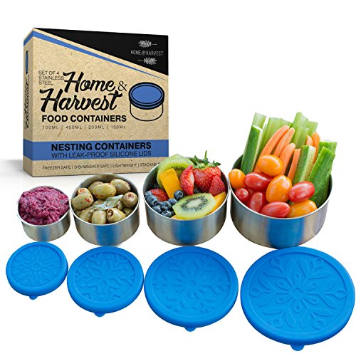 Home and Harvest Stainless Steel Food Containers for Kids & Adults, Set of 4 Reusable Silicone Lids & Storage Containers Great for Lunch Box, Meal Prep, Snacks & Bento Boxes at Home or Traveling