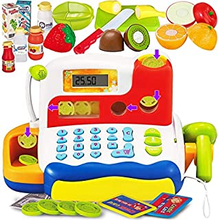 FUNERICA Durable Cash Register Toy for Kids | with Electronic Sounds, Microphone, Scanner, Calculator, Pretend Play Food Toys, Cuttable Fruits, Cashier Toy, Play Money, & Grocery Toys