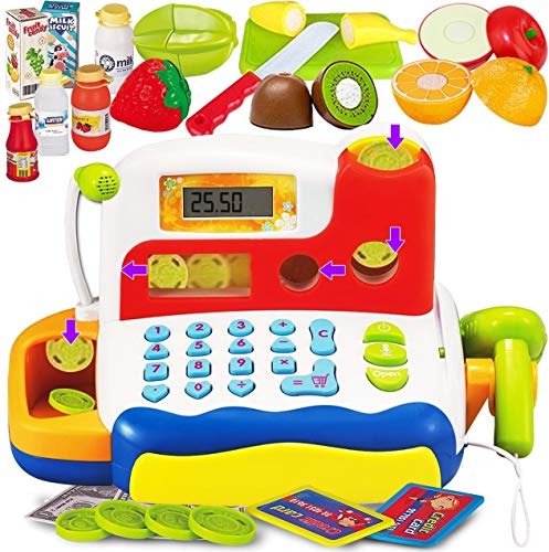 FUNERICA Durable Cash Register Toy for Kids | with Electronic Sounds, Microphone, Scanner, Calculator, Pretend Play Food Toys, Cuttable Fruits, Cashier Toy, Play Money, & Grocery Toys