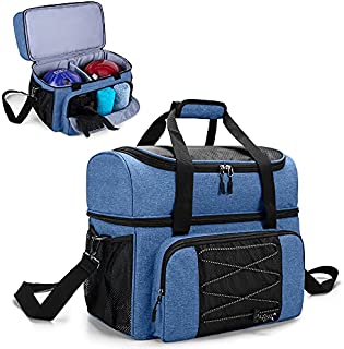 DSLEAF Bowling Bag for 2 Balls, Bowling Tote with Wooden Bowling Cups and Padded Divider for Double Ball and One Pair of Bowling Shoes Up to Mens 16 and Extra Essentials, Bag Only, Blue