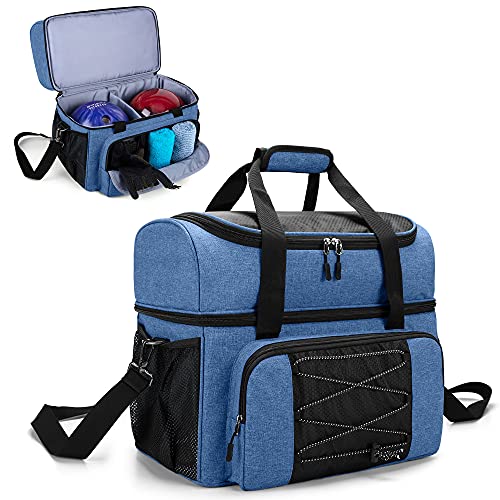 DSLEAF Bowling Bag for 2 Balls, Bowling Tote with Wooden Bowling Cups and Padded Divider for Double Ball and One Pair of Bowling Shoes Up to Mens 16 and Extra Essentials, Bag Only, Blue