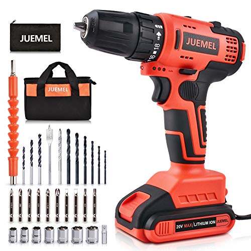 20V Cordless Brushless Drill, JUEMEL Power Drill Driver Set, Lithium-ion Electric Drill with 3/8'' Keyless Chuck, 430 in-lbs, 18+1 Clutch and 0-2200 RPM Variable Speed for Wood, Cement, and Metal