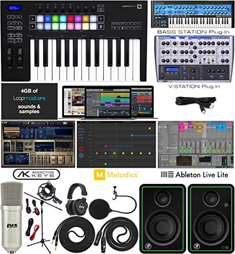 Novation Launchkey 25 MK3 USB MIDI Keyboard 25 Keys Controller with Software Pack of Ableton Live Lite and 4 GB of Loopmasters Sounds & Samples w/Mackie CR3-X Pair Studio Monitors & Instrument Cables