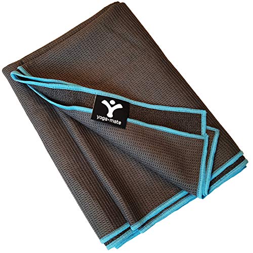 Sticky Grip Yoga Towel - Best Non-Slip Towel for Hot Yoga - Anti-Slipping, Sweat Absorbent Microfiber Towels with Silicone Grip Bottom for Standard & XL Sized Mats (Grey w/ Blue Trim)