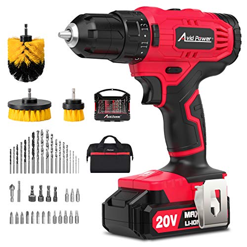 AVID POWER 20V Cordless Drill, Lithium-ion Battery Power Drill/Driver with 41pcs Drill Bit Set, 3 Brushes, Variable Speed, 3/8'' Keyless Chuck,16 Position Drill Kit