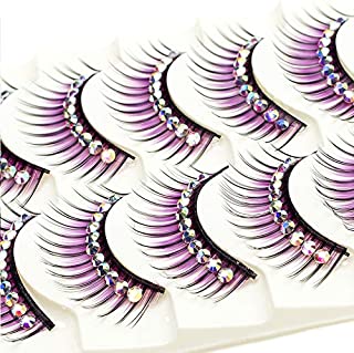 ICYCHEER Makeup Color 5 Pairs False Eyelashes Red Purple Blue Brown Fake Eye Lashes Extension With Glitter Diamond Lashes Stage Performance Cosplay Latin Dance (purple diamond)