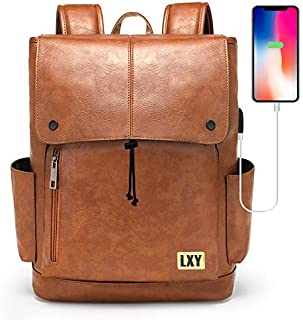 LXY Backpack Purse for Women Men, 15.6 Inches Laptop Bookbag with USB Charging Port, Vintage Daypack with Drawstring Closure, Brown