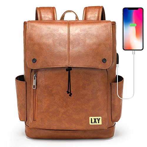 LXY Backpack Purse for Women Men, 15.6 Inches Laptop Bookbag with USB Charging Port, Vintage Daypack with Drawstring Closure, Brown