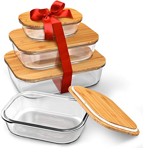 Glass Food Storage Containers with Lids (Bamboo) - 4 Piece Value Set - The Most Ecofriendly Glass Containers for Food Storage with Lids - Airtight, Glass Meal Prep Containers or Glass Food Containers