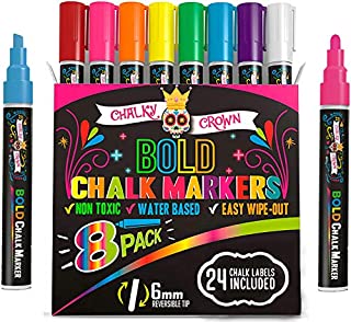 Bold Chalk Markers - Dry Erase Marker Pens - Chalk Markers for Chalkboards, Signs, Windows, Blackboard, Glass - Reversible Tip (8 Pack) - (Multicolored, 6mm)