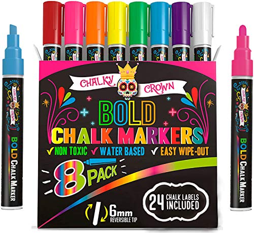 Bold Chalk Markers - Dry Erase Marker Pens - Chalk Markers for Chalkboards, Signs, Windows, Blackboard, Glass - Reversible Tip (8 Pack) - (Multicolored, 6mm)