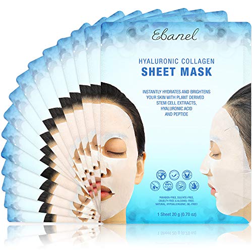 Ebanel 15 Pack Collagen Face Mask, Instant Brightening & Hydrating Face Sheet Mask with Aloe Vera, Hyaluronic Acid, Vitamin C and E, Chamomile, Anti Aging Face Mask with Hydrolyzed Collagen, Peptide