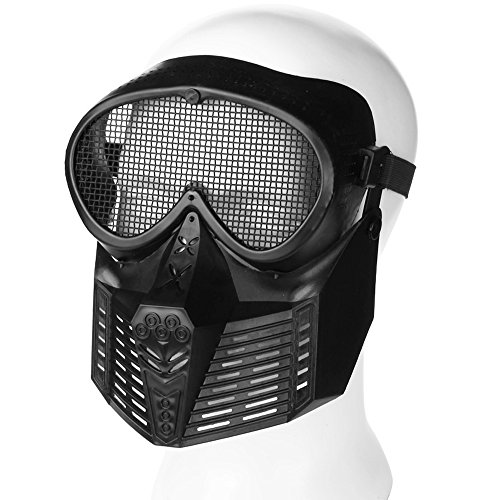 Flexzion Tactical Airsoft Mask Paintball Game Full Face Protection Skull Skeleton Safety Guard in Silver for Outdoor Activity Party Movie Props Fit Most Adult Men Women (Full Face Eye Mesh)