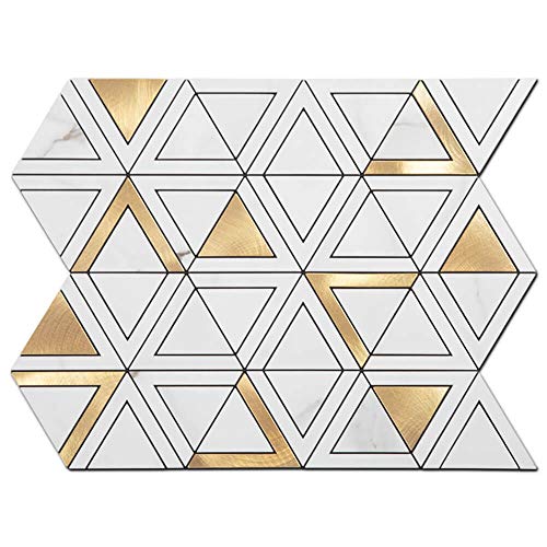 Soulscrafts Peel and Stick Tile Backsplash PVC White Marble Stone with Gold Metal Triangle Tile for Kitchen Backsplash Bathroom Wall (5-Pack)