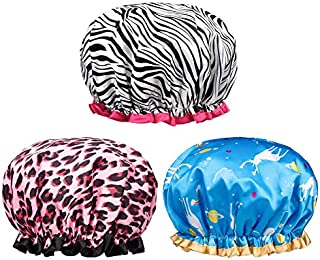 POPCHOSE Shower Cap, Large Shower Caps for Women Long Hair, Reusable Double Layer Waterproof Shower Hair Bath Cap, Stylish Satin Hair Bonnet, Soft Comfortable EVA Lined Shower Hat for All Hair Length