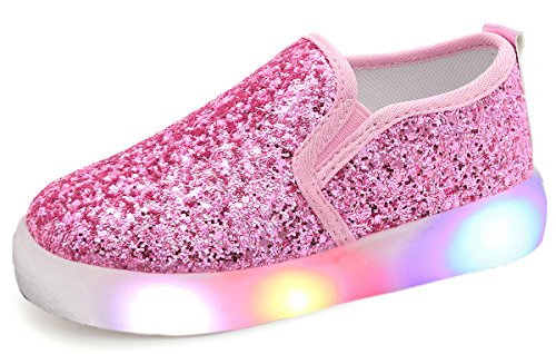 UBELLA Girl's Light Up Sequins Slip On Loafers Flashing LED Casual Shoes Flat Sneakers (Toddler/Little Kid) Pink