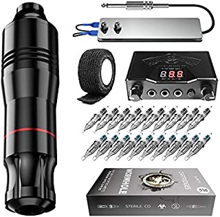 Wormhole Tattoo Pen Kit Complete Rotary Tattoo Machine Kit 20Pcs Cartridges Needles Tattoo Kit DC Connected Power Supply for Tattoo Artists WTK050