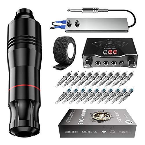 Wormhole Tattoo Pen Kit Complete Rotary Tattoo Machine Kit 20Pcs Cartridges Needles Tattoo Kit DC Connected Power Supply for Tattoo Artists WTK050