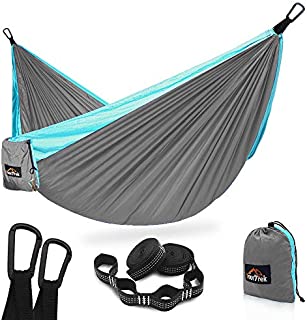 AnorTrek Camping Hammock, Super Lightweight Portable Parachute Hammock with Two Tree Straps (Each 5+1 Loops), Single & Double Nylon Hammock for Camping Backpacking Travel Hiking (Light Grey&Blue)